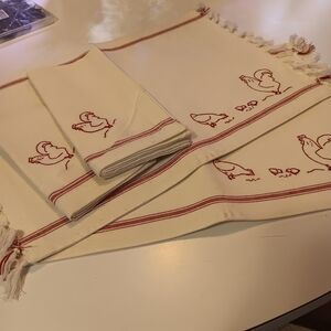 Cream Cotton Placemat And Napkin Set with Red Chicken Embroidery